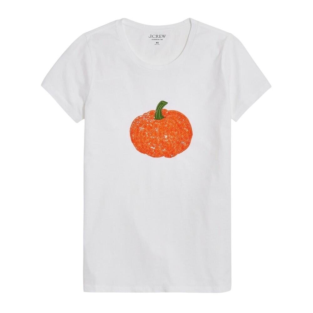 NWT J.Crew Factory Sequin Pumpkin Graphic Tee White XS Halloween
